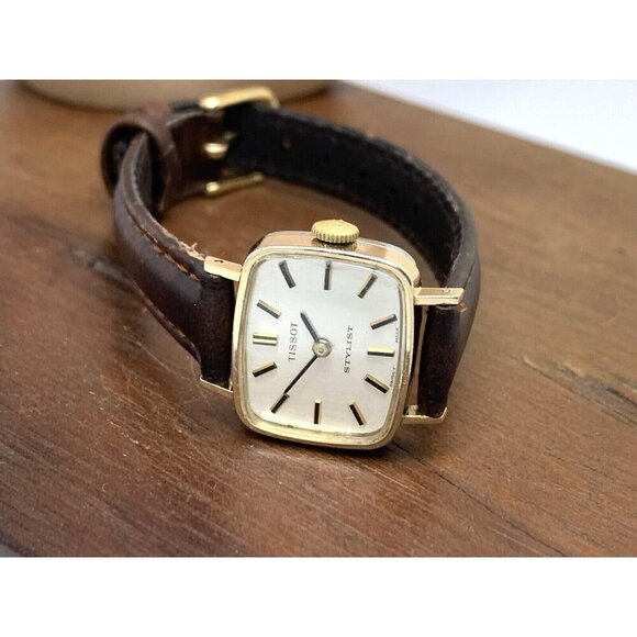 Tissot Womens Watch Vintage Swiss Mechanical Gold Silver Dial Brown Leather Band - Picture 7 of 13